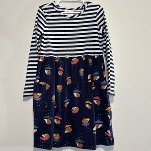 Hanna Andersson Rainy Day Hedgehog Print Long Sleeve Stripe Dress Girl 6-7